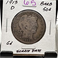 1913-D BARBER SILVER HALF DOLLAR SCARCE DATE