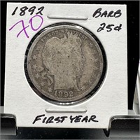 1892 BARBER SILVER QUARTER 1ST YEAR