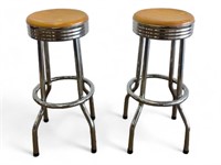 Pair Of Chrome Bar Stools With Wood Seats