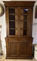 ANTIQUE OAK STEP-BACK CABINET- GLASS DOORS