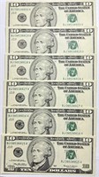 (6) Sequential 1999 $10 Federal Reserve Notes