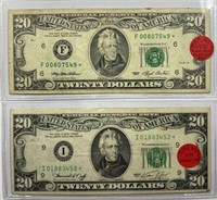 (2) $20 STAR NOTES 1974,1993