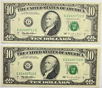 (2) Seqential 1995 $10 Federal Reserve Note