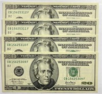 (4) Sequential 2001 $20 Federal Reserve Notes