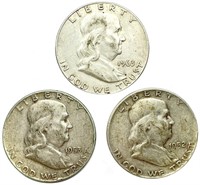 (3) 90% Silver Franklin Half Dollars Mixed Dates