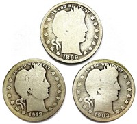 (3) 90% Silver Barber Quarters Mixed Dates