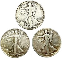 (3) 90% Silver Walking Liberty Half Dollars