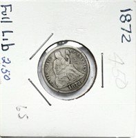1872 Seated Liberty Dime VG