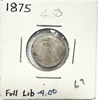1875 Seated Liberty Dime Cleaned Good