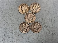 Two 1936, one 1936D, two 1936S Mercury dimes