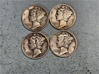 Two 1941, one 1941D, one 1941S Mercury dimes