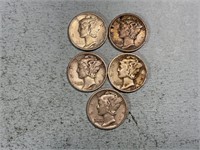 Two 1943, two 1943D, one 1943S Mercury dimes
