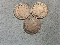 Two 1900, one 1901 Liberty head nickels