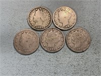 Five 1902 Liberty head nickels