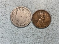 1905 Liberty nickel, 1946D wheat cent