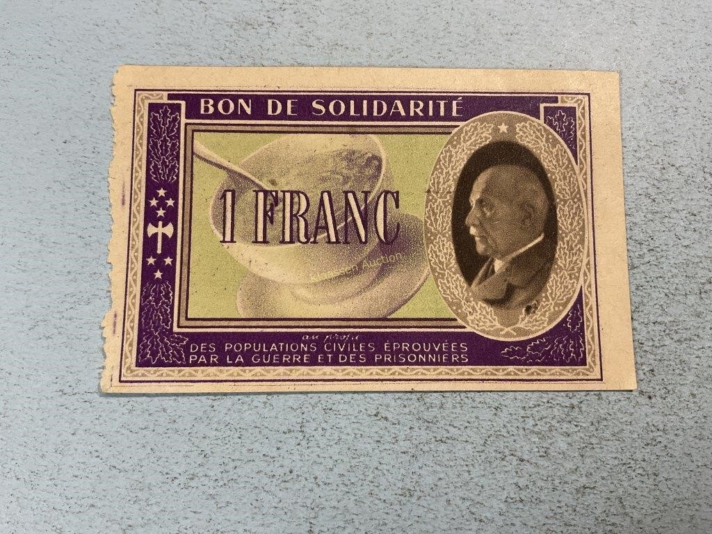 France WW II solidarity 1 franc voucher