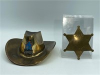 Vintage Brass Cowboy Hat & Star Pin Set