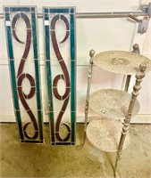 3 tiered metal  stand & 2 Stained glass windows
