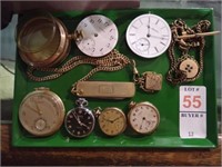 5 AMERICAN POCKET WATCHES, FOB CHAINS, PARTS