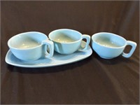 3 Frankoma soup mugs, 1 plate Robin egg blue color