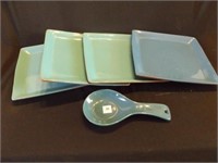 4 square plates 11" pottery, Spoon rest