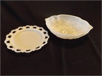 White Milk Glass lace plate, milk glass Grape bowl