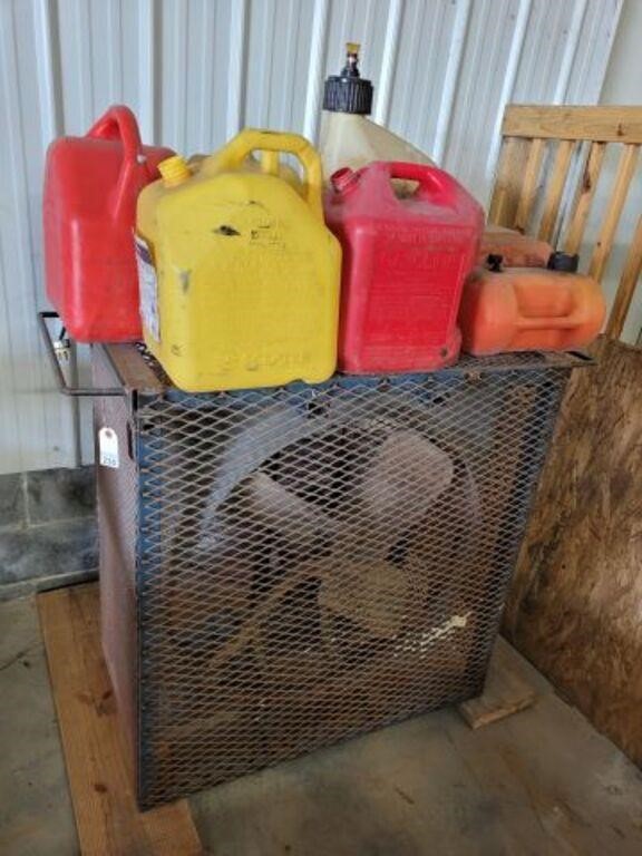 GROUP OF GAS CANS AND SHOP FAN