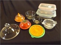 Assorted covered containers, some lids, some bowls