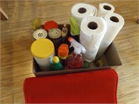 Cleaning supplies, paper towels, dish mat-box