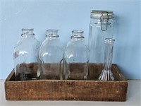 Wood crate w/ 1/2 gallon jars, vase, canister