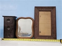 Mirror, wood picture frame, 3 drawer jewelry chest