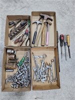 Four flats of tools sockets, wrenches, hammers,