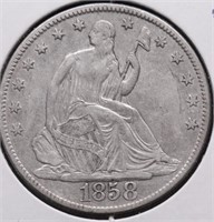 1858 O SEATED HALF DOLLAR XF