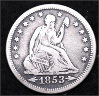 1853 ARROWS RAYS SEATED QUARTER VF