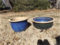 2 blue pottery planters 19" x 8" & 15" x 10"