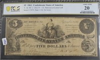 1861 PCGS  $5 CONFEDERATE NOTE VF20