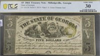 1864 PCGS 5$ STATE OF GEORGIA  VF30