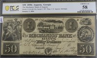 1850s PCGS 50$ MECHANICS BANK OF AUGUSTA  AU58