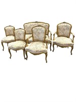 5pc Louis XV Silk Brocade & Gold Gilt Parlor Set