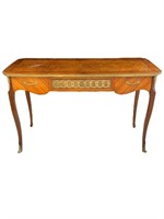 19c Louis XV Burlwood Console Table w 3 Drawers