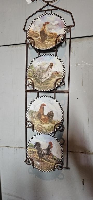 (4) Decorative Rooster Plates with Holder