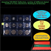 Nice Page of 12 US Coins 4x Kennedy Half Dollars,