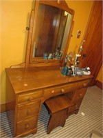 Vanity desk, mirror, and stool