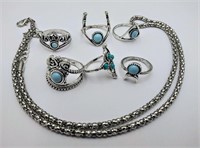 Silver Necklace & Imitation Turquoise Rings