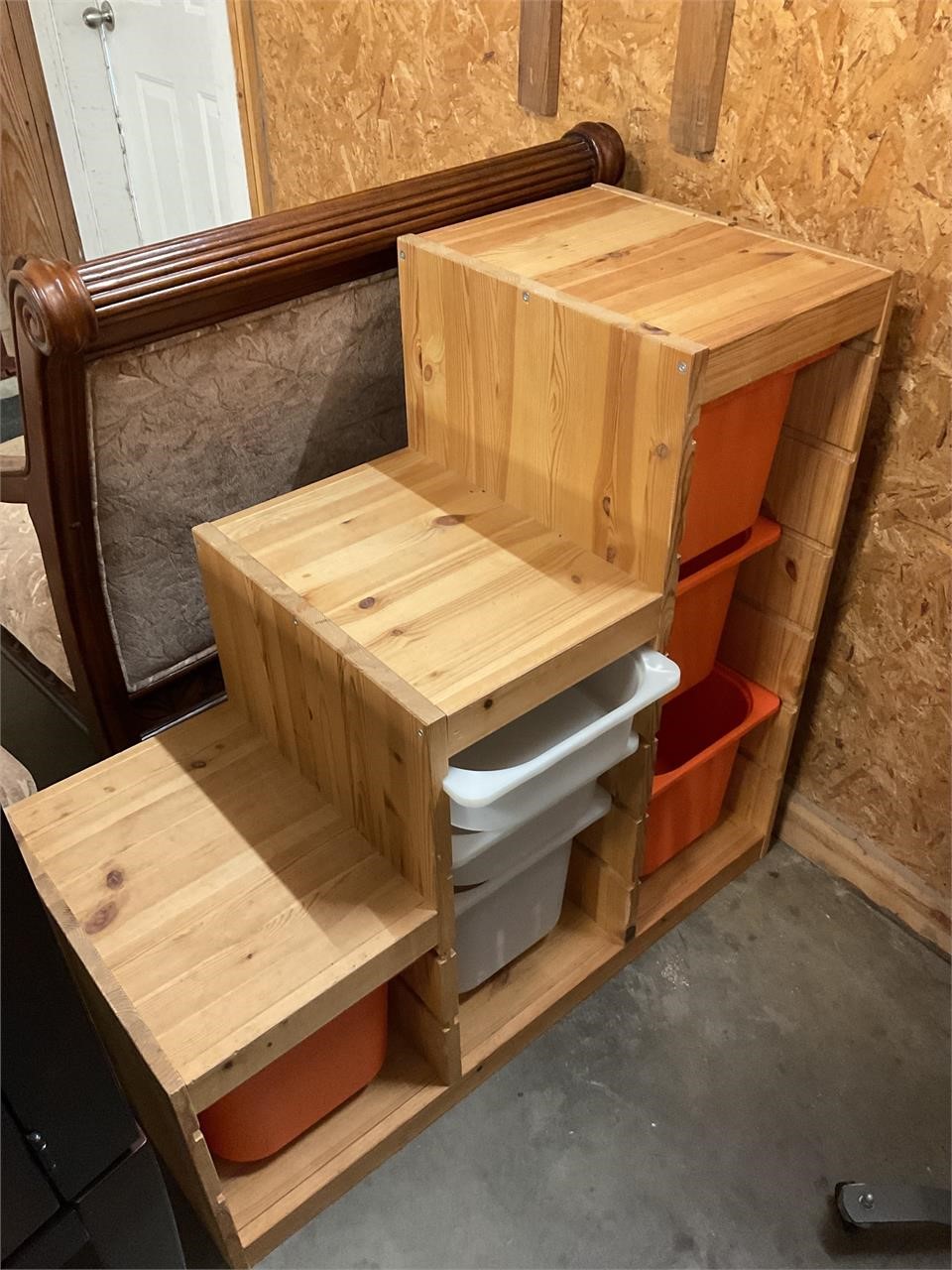 Wood Storage shelves with tubs