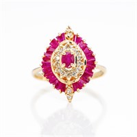 Vintage 14kt Gold Ruby Diamond Ballerina Halo Ring