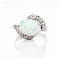 Antique 14kt White Gold Large Opal Diamond Ring