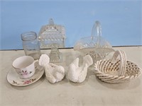 Teacup, lovebirds, covered candy dish and others