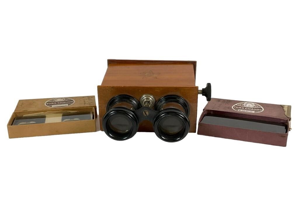 Antique Wooden Stereoscope w/ Glass Slides