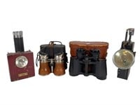 Vtg. Binoculars, Battery Lantern  & Burgess Light